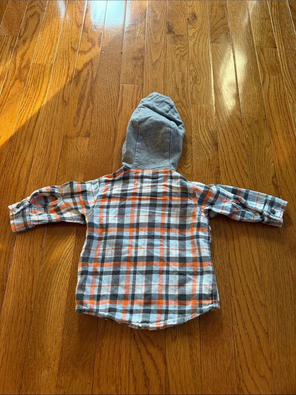 Toddler Grey & Orange Plaid Hooded Button-Up Shirt